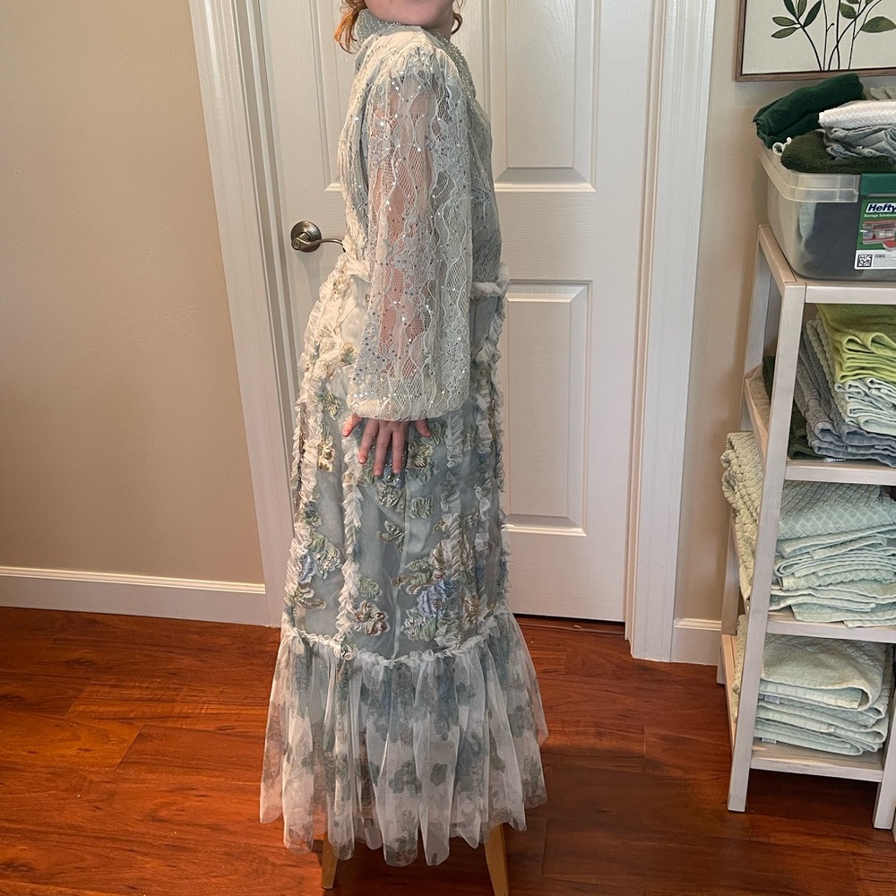 Elegant Girl’s Sugar Pageant Sage, Blue, Gold Beaded Lace Dress 12-14 - Picture 6 of 16
